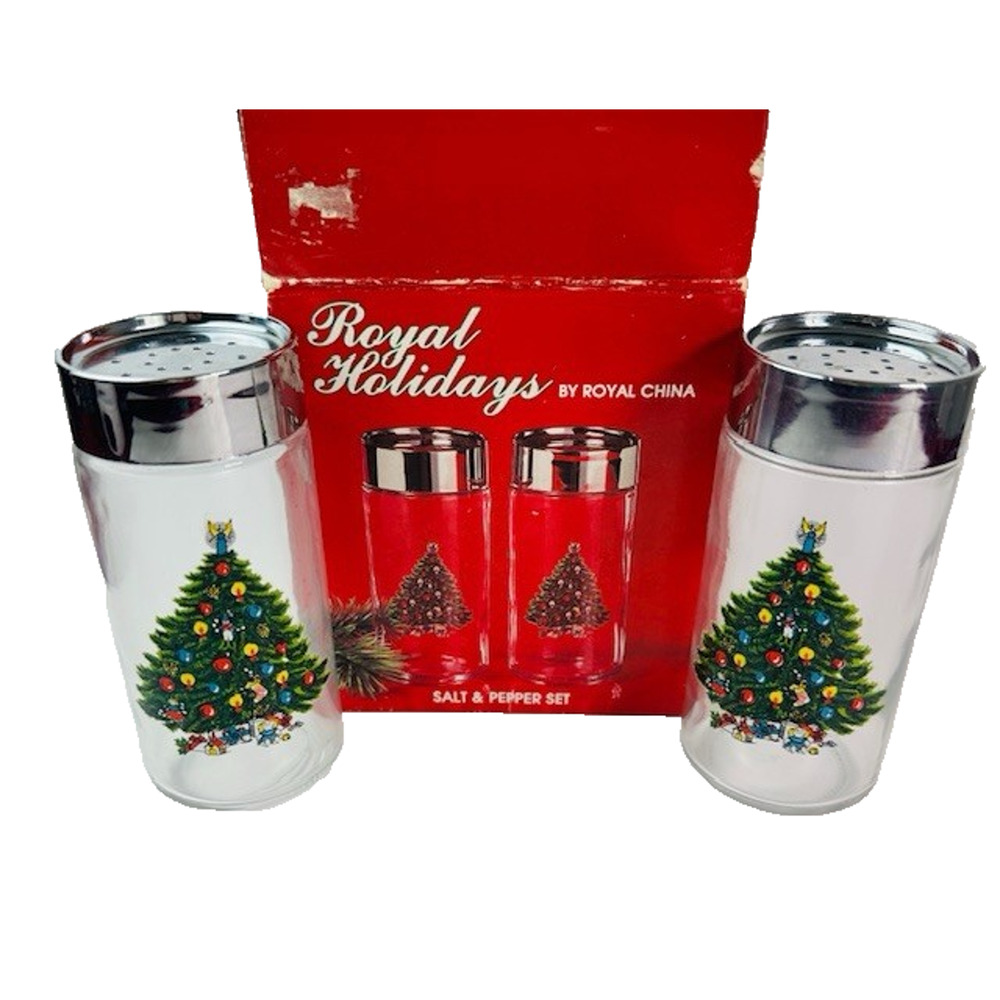 Royal China Royal Holidays Salt & Pepper Glass Shaker Set Christmas Tree VTG